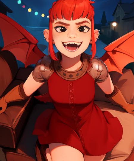 Nimona, short red hair,  freckles, sidelocks,black eyes,  smiling,  mouth open,  couching, wings on upper back, 
NimSuit,ear piercing,armor,bandages,gloves ,dress,brown footwear,
nighttime,  barracks, 
 (insanely detailed, beautiful detailed face, masterpiece, best quality)    <lora:Nimona-10:0.7>