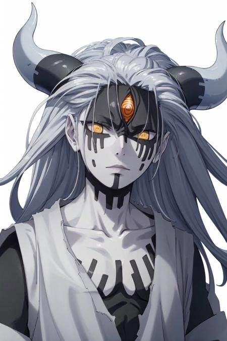 Momoshiki, 1boy, two-tone skin, long hair, white hair, yellow eyes, third eye, horns, masterpiece, best quality, <lora:Momoshiki_Otsutsuki:1>, white robe, upper body, white background, expressionless, looking at viewer