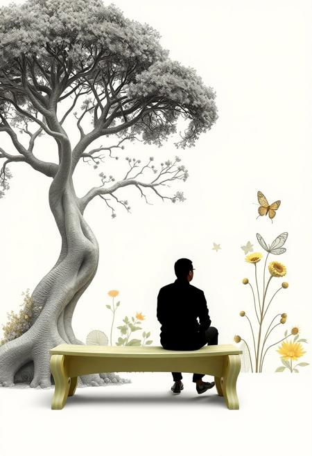 A figure in profile sits on a faded green bench beneath a tree rendered in gentle planes of yellow and grey, sculptural architecture meets botanical illustration, organic structural design with naturalist detailing, biomorphic forms inspired by insects and plants, intricate surface textures, nature-driven engineering, architectural storytelling through metamorphosis, vivid scientific aesthetics merged with contemporary form, kinetic elements reflecting biological cycles, delicate linework fused with bold materials, ecological symbolism, fluid geometry with entomological motifs, garden-inspired public spaces, human interaction with illustrated natural systems, architectural sculpture infused with botanical precision
