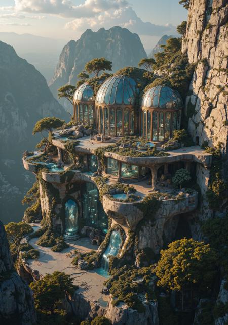A mesmerizing house organically intertwined with colossal, ancient vines atop a rugged, weathered rock outcrop. Elegant, curved glass facades merge with organic stone textures and luminous, bioluminescent accents. The structure exudes an otherworldly harmony, nestled in a misty, emerald valley where soft sunlight intermingles with ethereal shadows. Intricate mosaic details, natural wood elements, and surreal pastel hues create a dreamlike ambiance. A masterpiece of avant-garde architecture and nature melded into one, evoking mystery, serene dynamism, and delicate balance. Ultra high-definition, 8K quality, with exceptional textural detail and atmospheric, ambient lighting. <lora:MoriiMee_Gothic_Niji_Style_FLUX:0.4> <lora:flux.1_lora_flyway_Epic-detail_v2:0.2> <lora:RM_JamesJean_v0.5:0.6> <lora:ck-shadow-circuit-000021:0.3> <lora:aidmaMJ6.1-FLUX-v0.4:0.7> <lora:flux_dev:1>