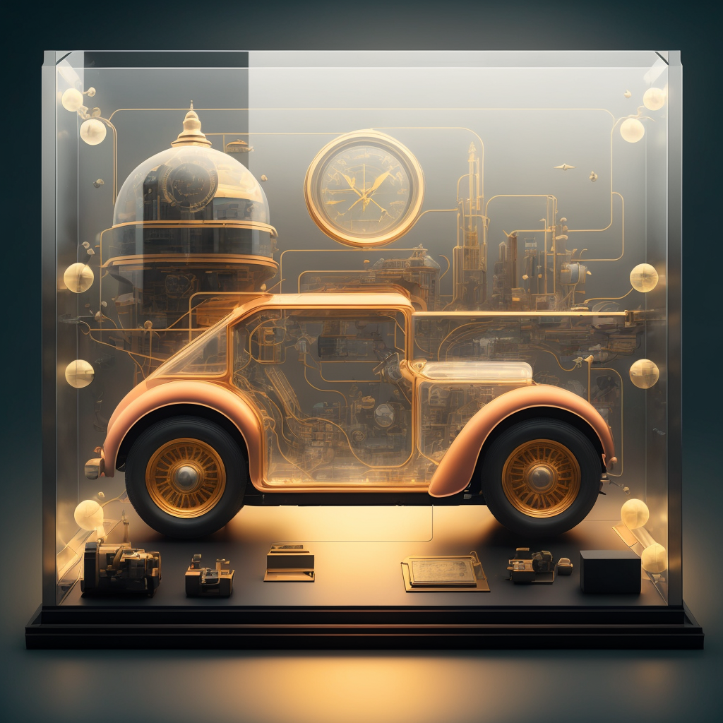 (knollingcase:1.2), (symmetry:1.1) , Vintage car, pink and gold and opal color scheme, beautiful intricate filegrid facepa...
