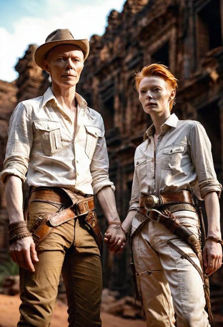2 person holding hand, masterpiece, ultra realistic, professional photography, intricate details, young beautiful Tilda Swinton, young beautiful David Bowie, in archeologist adventurer pants and shirts, tool belts, cowboy hat, ancient lost city ruins jungle background, wide angle, soft dim natural lighting,