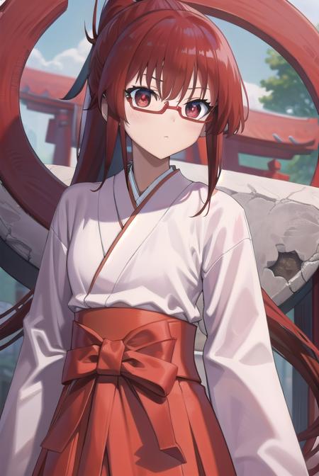 tomoekarijuku, <lora:tomoekarijukutest:1>, tomoe karijuku, long hair, (red eyes:1.1), ponytail, red hair, glasses, semi-rimless eyewear, red-framed eyewear,
BREAK skirt, japanese clothes, hakama, hakama skirt, miko, red hakama,
BREAK looking at viewer,
BREAK outdoors, shrine,
BREAK <lora:GoodHands-vanilla:1>, (masterpiece:1.2), best quality, high resolution, unity 8k wallpaper, (illustration:0.8), (beautiful detailed eyes:1.6), extremely detailed face, perfect lighting, extremely detailed CG, (perfect hands, perfect anatomy),