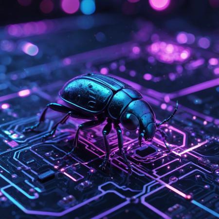 Ultra close-up of a small insect (like a beetle or ladybug) walking across a micro LED circuit board glowing in neon blues and purples, lights reflecting off its shiny carapace, futuristic cyber-fantasy micro scene, hyper detailed textures, dark tech background