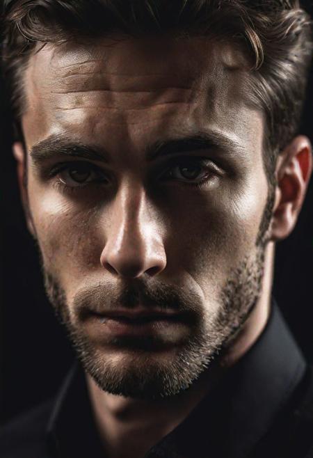 high quality, portrait photo of 30 y.o european man, ((long white eyelashes)), wearing black shirt, detailed face, skin pores, cinematic shot, dramatic lighting
