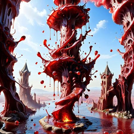 a sorcerer's duel atop a floating spire dripping blood, magic shields fracturing mid-air, spattered glyphs burning on stone, wind carrying screams of the condemned, gravity warped beneath their feet, sky warped in red spirals, blood