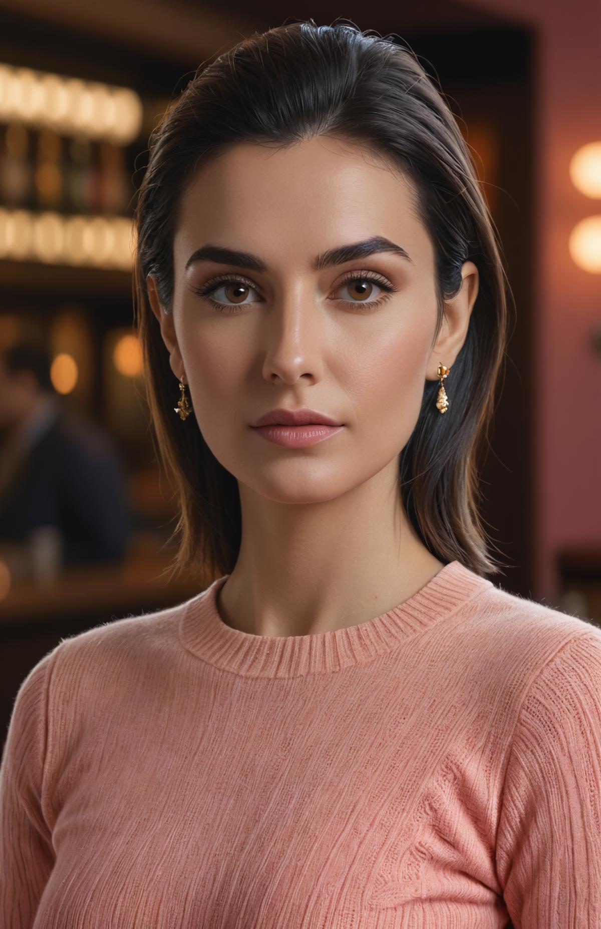 A woman with brown hair, pink sweater, and gold earrings looking at the camera.