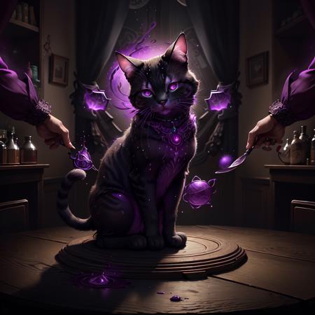 Masterpiece, extremely detailed, absurdres, <lora:WorldofShadows:0.8>, fantasy, magical, dark magic, worldofshadows, cat sitting on a table, shadow aura, purple glow