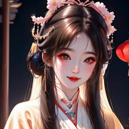 best quality, masterpiece, highres, 1girl,blush,(seductive smile:0.8),star-shaped pupils,china hanfu,hair ornament,necklace, jewelry,Beautiful face,upon_body, tyndall effect,photorealistic, dark studio, rim lighting, two tone lighting,(high detailed skin:1.2), 8k uhd, dslr, soft lighting, high quality, volumetric lighting, candid, Photograph, high resolution, 4k, 8k, Bokeh
 <lora:gufeng:1>