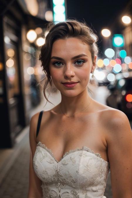 instagram photo, closeup face photo, young dutch woman, wearing a dress, beautiful face, makeup, night city street, bokeh, motion blur