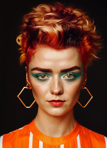 portrait of sks woman by Flora Borsi, style by Flora Borsi, bold, bright colours, orange Mohawk haircut, ((Flora Borsi)), <lora:locon_maisie_v1_from_v1_64_32:1.4>