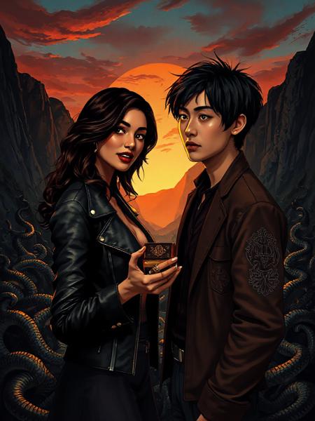 In a dramatic scene reminiscent of a Quentin Tarantino film, two characters converge in a dimly lit valley, the landscape ominously teeming with serpents winding through the shadows, their scales reflecting flecks of light with a sheen of deep emerald and charcoal gray. The valley is framed by jagged cliffs, appearing almost like a living canvas of texture and dimensionality beneath a moody twilight sky that simmers in hues of indigo and crimson. Dominating the composition is a woman of Latina descent, her skin a warm caramel glow, illuminated by a soft amber light emanating from behind her, highlighting her sharp features and full lips, which curve into an enigmatic half-smile. Her hair, a cascading waterfall of dark waves, is tousled by an unseen breeze, hinting at playful yet fierce energy. She wears a fitted leather jacket, adorned with patches that evoke a sense of rebellious style, juxtaposing her graceful demeanor with hints of toughness. In contrast, an Asian male character stands nearby, his dark hair styled into an artistic mess, with a few strands falling over his intense gazeâa deep, piercing almond shape that draws the viewer in, revealing a hint of mischief through raised brows. His pale skin glows softly against the background, where subtle brushstrokes of blue, yellow, and red swirl like a heartbeat, adding a pulse of vibrant energy to the scene. He holds out a small, ornate box to her, an artifact that sparkles with intricate designs, reflecting the valley's dim light, suggesting an importance that transcends the moment. The atmosphere is thick with tension as their gazes intertwine; she looks both intrigued and playful, while his expression carries a serious yet inviting undertone, suggesting a deeper connection waiting to be explored. The gritty film grain enhances the rawness of the moment, harmonizing with the colors graded to emphasize the warmth and depth of the twilight, while the shadows dance around them, creating an air of mystery that envelops the two amidst the swarming snakes, transforming what could be a fearful scene into a captivating, electric encounter ripe with possibilities.