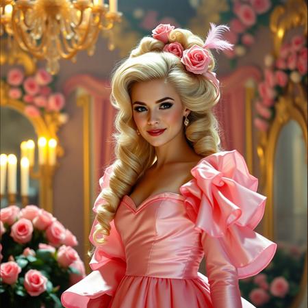 1980s VHS still frame of a faerie tale theater scene, beautiful radiant model, princess, in a candlelit ballroom filled with roses and mirrors. She wears a rose-pink silk satin gown with triple-flounced pagoda sleeves, matching stomacher and petticoat. Her long blonde hair styled in elaborate Rococo coiffure with ringlets, satin ribbons, rosebuds, and a small pink plume; one spiral curl falls beside her cheek. Soft but fierce expression, she twirls and winks at us with a soft smile. Retro VHS fantasy lighting, romantic and glowing, soft grain, 1970s fairytale photography, ABC anthology aesthetic, maximalist enchanted royal heroine