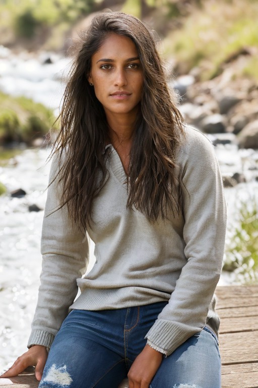 (((Head Portrait))), ((wearing sweater and distressed jeans)), (((in the country modeling near a river))), ((sitting on a ...