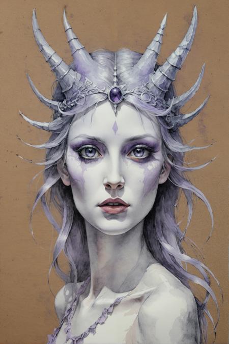 designed by Giovanni Battista Gaulli, professional Drawing, slender Freya, Smoky Conditions, Illustration, Frightening, F/1.8, Offset print, Lavender colored detailed eyes