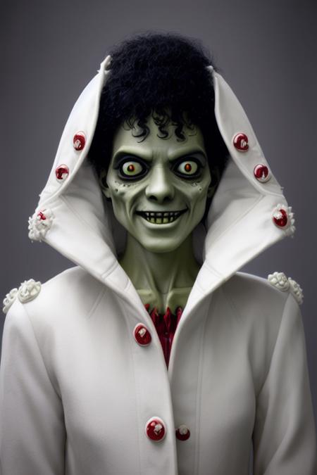 mjthriller portrait of smiling zombie in a very elegant white puffer coat, intricate detail, detailed face, very sharp, high quality, professional photography  <lora:hjmjthriller_v10-000003:0.7>