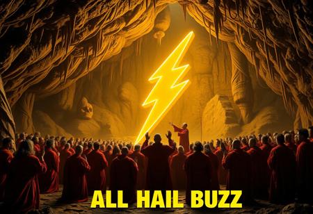 A group of cultists in red robes worship a giant glowing golden idol of a 3d lightning bolt symbol in a large cavern with stalactites hanging from the ceiling, the cavern is illuminated by the lightning bolt symbol's soft golden glow, most of the cultists are kowtowing to the lightning bolt symbol, one cultists stands in front of the lightning bolt symbol and preaches to the crowd, yellow text along the middle bottom of the scene spells out the words "ALL HAIL BUZZ"