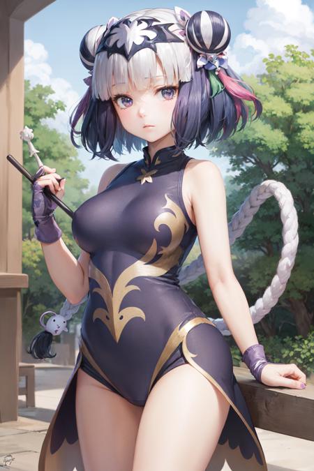 (masterpiece, best quality:1.2), <lora:pad_haku-12:1>, cowboy shot, solo, 1girl, haku, expressionless, closed mouth, looking at viewer, multicolored hair, double bun, twin braids, purple sleeveless dress, tails