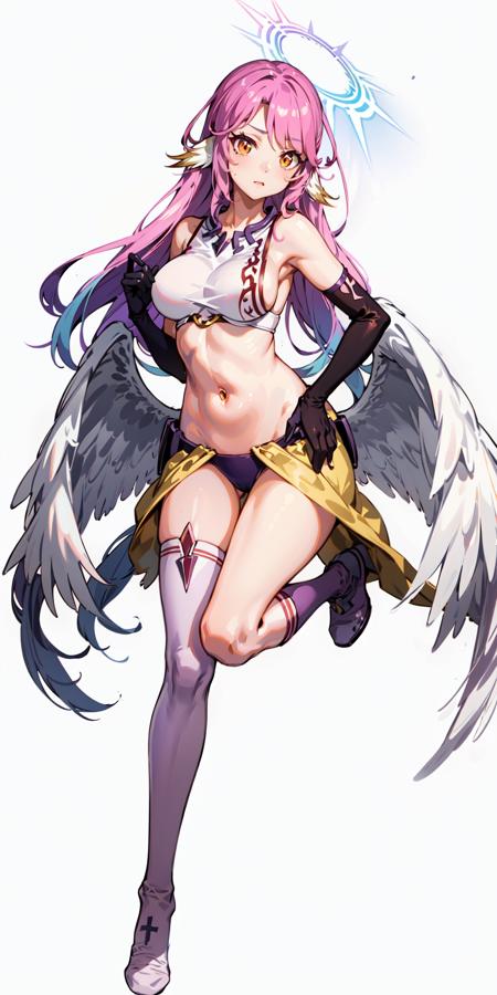 jibril 1girl, solo, long hair, breasts, sideboob, halo, pink hair, pink stocking, low wings, compass rose halo, wings, navel, book, gloves, bird ears, midriff, magic circle, asymmetrical legwear, angel, angel wings, animal ears, very long hair, yellow eyes, white wings, large breasts, mismatched legwear, single shoe, feathered wings, orange eyes, shoes, multicolored eyes, thighhighs, crop top, cross, multicolored hair, gradient hair, looking at viewer,  <lyco:LoCon (5):1.0>