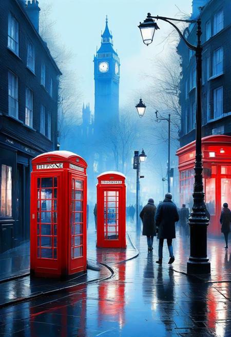 Foggy cityscape street London red telephone-box winter, blue white fog, watercolour splash art by Carne Griffiths and Pascal Campion, insanely detailed illustration, trending on Artstation, splash art, paint splashes, perfect composition, black blue red grey, Watercolor, trending on artstation, sharp focus, studio photo, intricate details, highly detailed,  <lora:xl_more_art-full_v1:0.5>, tiled pavement, bicycle,