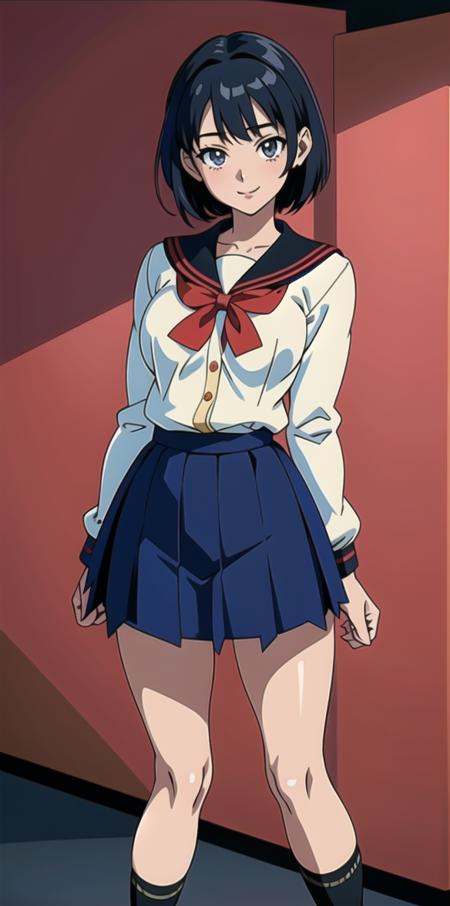 (anime,8k,best quality, masterpiece:1.2),((ultra-detailed,detailed beautiful girl:1.4)),1 girl,full body shot, <lora:Mistoon_Anime school uniform:0.4>Anime school uniform,(face),beautiful eyes,black short hair,smile