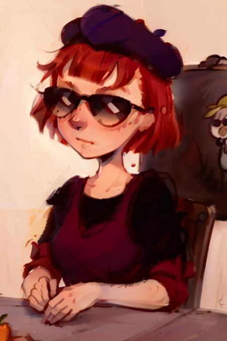 <lora:Judy Funnie V1:0.75>, masterpiece, highest quality, highest quality visuals, highest details Judy_funnie, high resolution, 1girl, solo, hat, red hair, orange hair, sunglasses, beret,