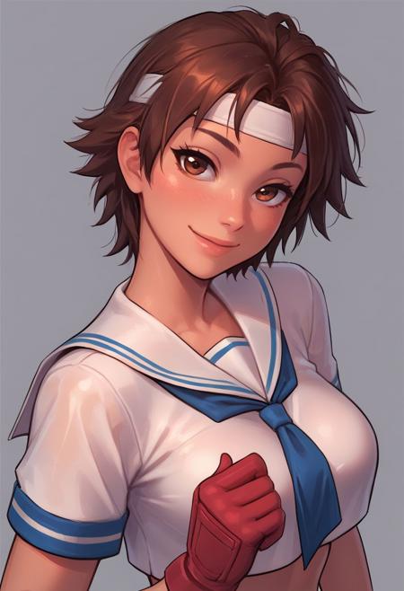 score_9, score_8_up, score_7_up, score_6_up, sakura kasugano, brown eyes, brown hair, crop top, headband, sailor collar, school uniform, short sleeves, shirt, white shirt, white headband, gloves, red gloves, short hair, turning to face viewer, head tilt, 1 girl, seductive smile, looking at viewer, sexy revealing outfit, kinky, adorable, petite, side view, looking at viewer, round face, 18 years old, cutest girl in the world