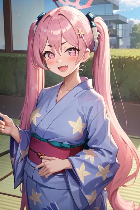 best quality, masterpiece, highres, solo, {yukata:1.40}, {kimono:1.20}, {koyuki_bluearchive:1.15}, pink_hair, long_hair, halo, twintails, open_mouth, hair_between_eyes, bangs, pink_eyes, necktie, fang, blue_necktie, smile, blush, skin_fang, very_long_hair