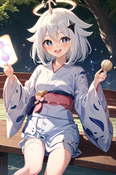 best quality, masterpiece, highres, solo, {yukata:1.40}, {kimono:1.20}, {paimon_genshin:1.15}, white_hair, halo, hair_ornament, blue_eyes, hair_between_eyes, short_hair, bangs, open_mouth, blush, smile, cape