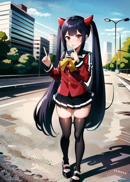 masterpiece, absurdres, Wendy_Marvell, 1girl, solo, long hair, looking at viewer, skirt, hair ornament, thighhighs, twintails, brown eyes, school uniform, blue hair, pleated skirt, black thighhighs, black skirt, zettai ryouiki, sandals, <lora:Wendy_Marvell:.8> City cars Headlights Tail lamps Traffic jam Bill, index finger raised