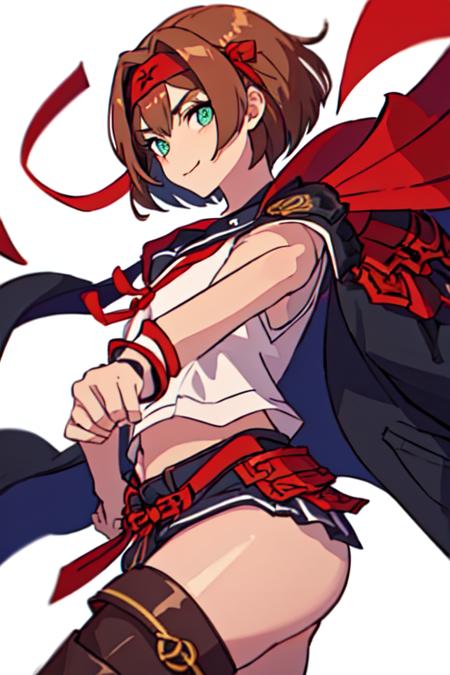 (masterpiece, top quality, best quality, beautiful, and aesthetic:1.2) yukimur4, 1girl, portrait shot, posing, slight smile, looking at viewer, red headband, short hair, brown hair, purple collar, serafuku, shoulder armor, sode, red pauldrons, sukeban, bancho, delinquent, jacket on shoulders, simple background, white background, <lora:yukimur4-000019:.8>