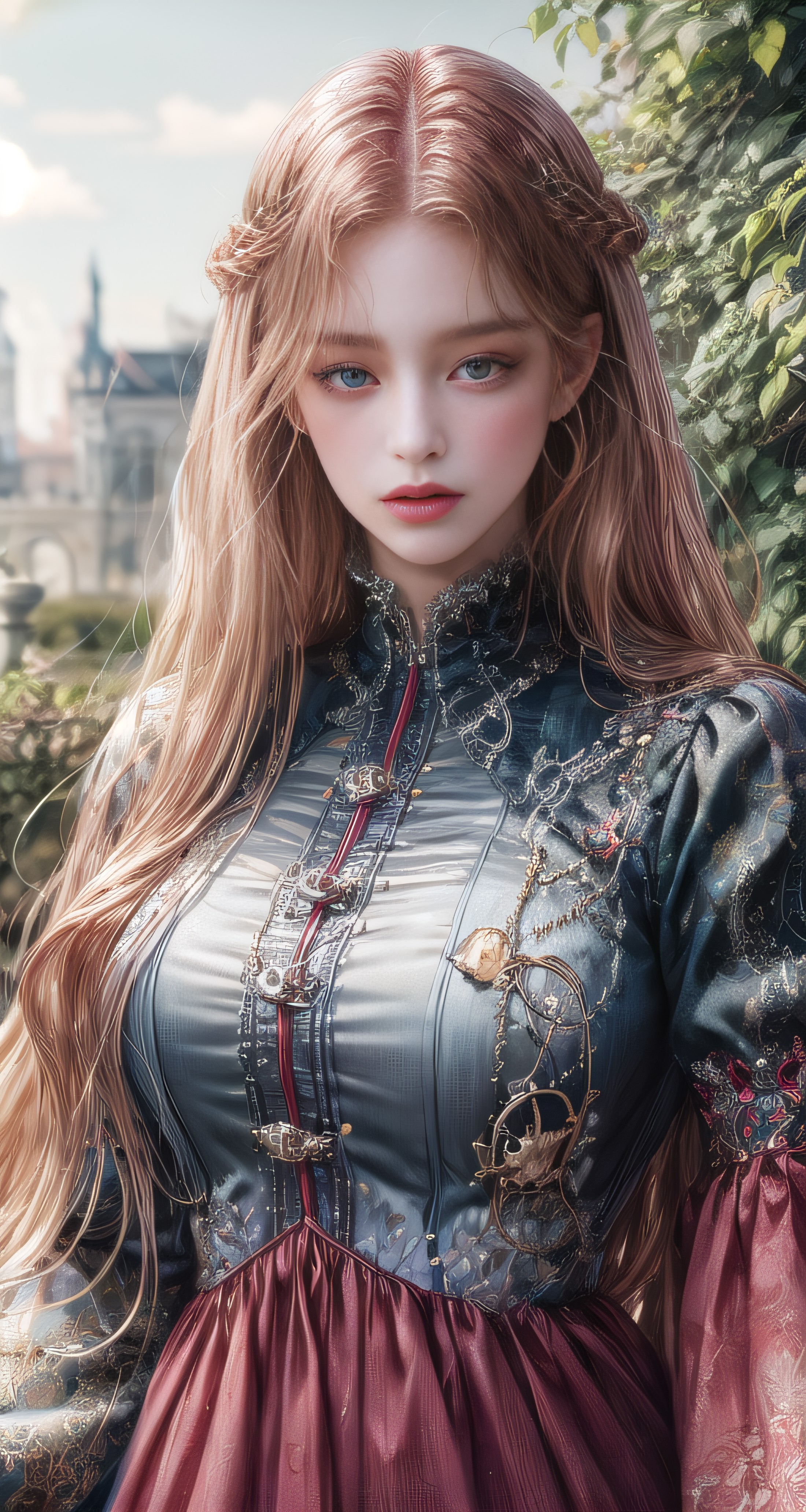 (absurdres, highres, ultra detailed), 1girl, solo, mature, (very long hair, red hair), Baroque, long dress, long sleeve, e...