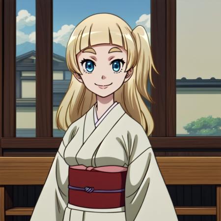 breathtaking anime artwork ((Full-Body Shot)),<lora:Shirara V1:0.7> Tsubaki Shirara, blue eyes, blonde hair, blonde thick eyebrows, colored eyebrows, pale skin, (long hair), blunt bangs, ((one side up)), cream kimono,
Masterpiece, Best quality, beautiful, ((upper body)), Human, looking at viewer, crisp, clear, Digital painting, oil painting, best quality, detailed hair, detailed background, detailed body, detailed eyes, full body, cute, evil smile, medium breast, round breast, perfect body, 1girl, solo, hands, young female,
east asian architecture, japanese clothes, dice,
ultra high resolution, raw photo, deep shadow, low key, natural light,
<lora:Furtastic_Detailer:0.5> <lora:hairdetailer:0.5> . anime style, key visual, vibrant, studio anime,  highly detailed . award-winning, professional, highly detailed