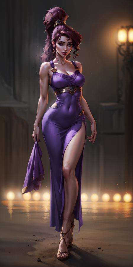 1girl, full body of beautiful megara, bare shoulders, long purple dress, looking at viewer, volumetric lighting, best quality, masterpiece, realistic  <lora:sxz-megara-allnew:0.8>