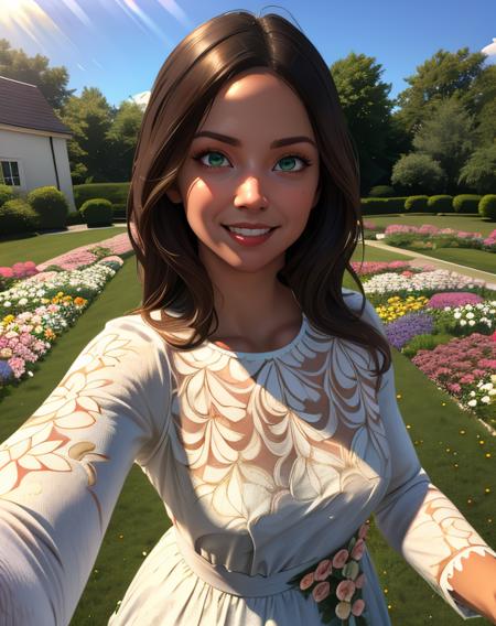 Faith,green eyes,brown hair,
white dress,long sleeves,light smile,
outdoors,flowers,country,selfie,
standing,
(insanely detailed, masterpiece, best quality),<lora:FaithSeed:0.8>,