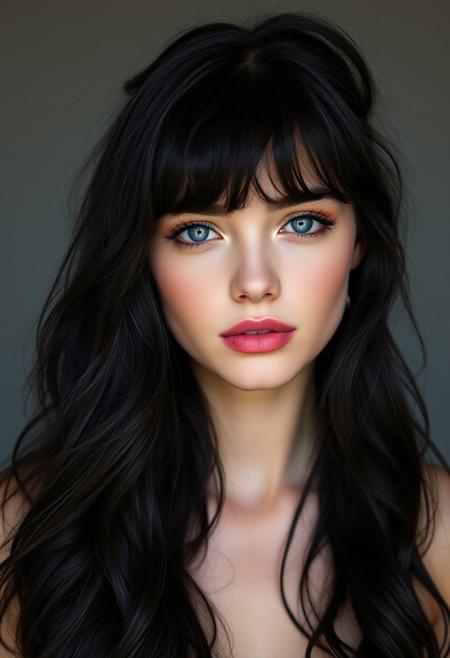 1girl, Instagram Model, 21 years old, pale skin,  long jet black hair, with loose waves and slighlty messy bangs,  light blue eyes, perfect beautiful face,   rosy cheeks, pink lips,  smoky makeup, black eyeliner,   neutral expression on her face, 
front light, photography, head shot, realistic, 
stright on angle, tanken with a Canon EOS R5, and Canon RF 50mm f/1.2L USM lenses,