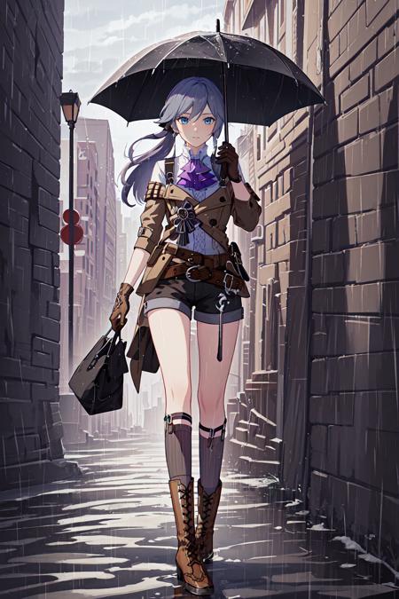 (masterpiece, top quality, best quality, official art, beautiful and aesthetic:1.2),extreme detailed,(fractal art:1.3), 1girl, solo,  <lora:FH_HoF_v1.0:0.9>, Fu Hua(HoF), brown coat, white shirt, purple ascot, brown gloves, belt, black shorts, brown boots, grey socks, street, rain, outdoors, city,  walking, holding black umbrella,