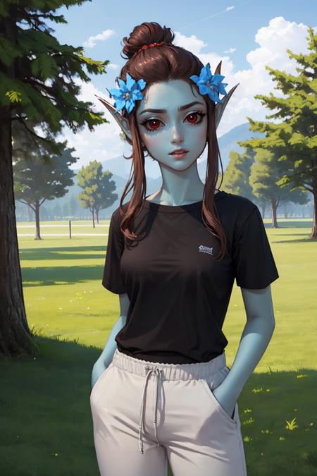 (masterpiece, best quality:1.2), <lora:azura:1>, azura, 1girl, solo, blue skin, pointy ears, black shirt, hair bun, pants, red sclera, hair flower, breasts, hands in pockets, outdoors,