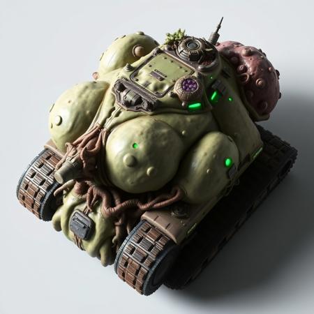 ((top view)), (tank),
Asymmetrical organic tank with massive growth bulges on one side and a withered shape on the other.
Chassis: Tumor-like armor patterns with tendrils and armored cysts. Surface ripples gently like breathing tissue.
Tracks: Thick, uneven track system with root-like armor entwining gear shafts.
Details: Regenerates armor chunks visibly. DNA-splicer node juts out near rear, framed in armor plates.
Lights: Sickly green and purple bio-glow from within bulges. Glows brighter when sustaining damage.
