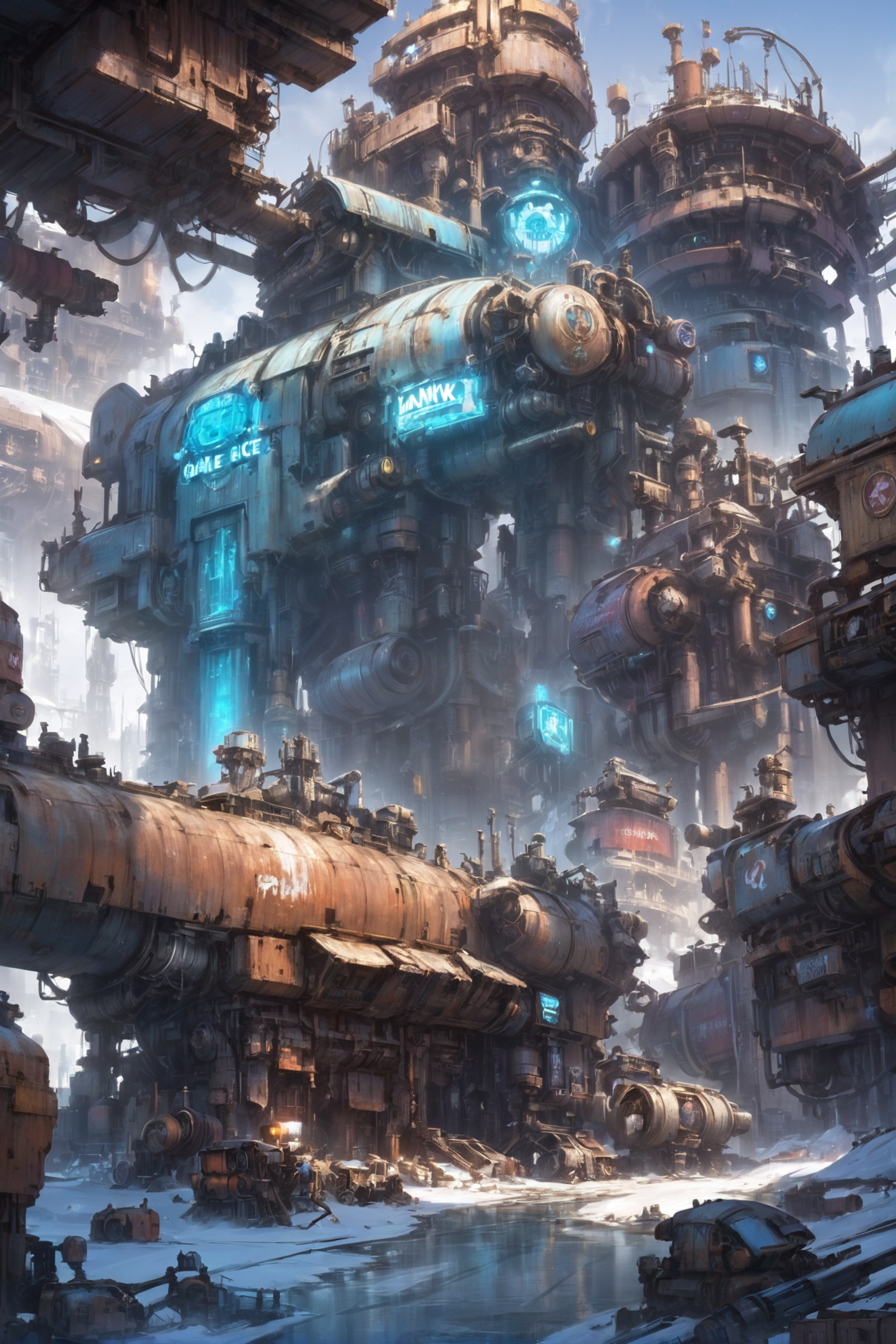 A large, intricate, and futuristic cityscape with graffiti on the side of buildings.