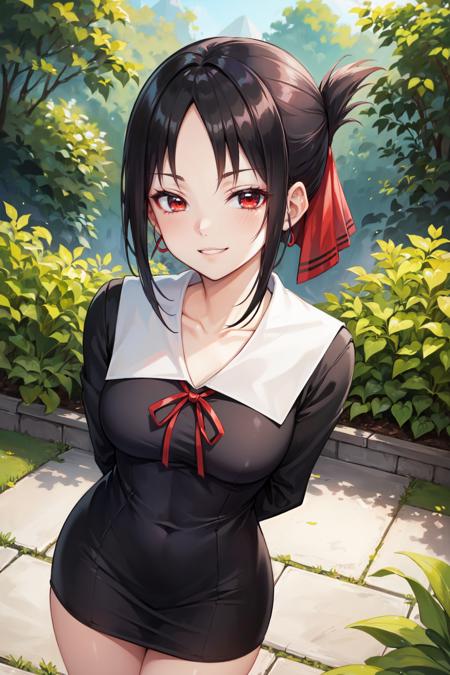 masterpiece, best quality, ultra-detailed, glowing light, (detailed background, complex background:1.2), (perfect face, detailed face), (mature female, milf:1.4), thick thighs, parted lips, red eyes
<lora:shinomiya_kaguya:0.8>, shinomiya_kaguya, parted bangs, ribbon, red ribbon, hair ribbon, sidelocks, folded ponytail, dress, short hair, black dress, school uniform, shuuchiin academy school uniform, collarbone, long sleeves, neck ribbon, small breasts
(garden, outdoors, standing, arms behind back, smirk, smug, half-closed eyes)