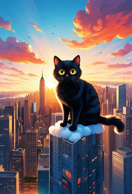 A captivating illustration masterpiece of a very funny ((cute cat)) with ( (((huge))) ((oversized)) ((manga-style eyes)):1.2), feline is gazing very longingly into the camera lens. The cat's fluffy fur contrasts with its sleek black attire, and it sits on a transparent cloud, as if levitating above the ground. The background showcases a vibrant cityscape with towering skyscrapers and a dramatic sunset, creating a delightful mix of urban and whimsical elements, from above