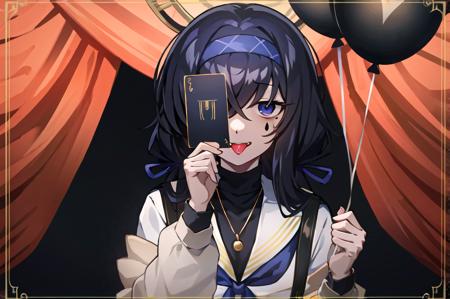 <lora:Envy Baby:0.8>, envy baby, looking at viewer, holding, tongue, tongue out, mole, facial mark, curtains, one eye covered, card, balloon, red theme, holding card, framed, stage, holding balloon, (masterpiece, best quality:1), 1girl, solo, bags under eyes, bangs, black hair, blue eyes, halo, blue hairband, brown cardigan, long hair, white serafuku, white skirt, <lora:KozekiUiBlueArchive_10:1>