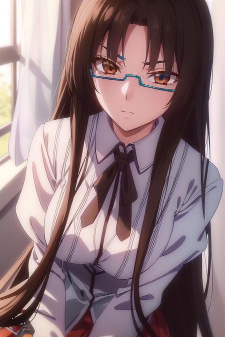 tsubakishinra, <lora:tsubaki shinra anime s2-lora-nochekaiser:1>,
tsubaki shinra, long hair, black hair, (brown eyes:1.5), glasses, semi-rimless eyewear, under-rim eyewear, (parted bangs:1.5), bangs, blunt bangs,
BREAK shirt, ribbon, school uniform, white shirt, black ribbon, neck ribbon, long sleeves, skirt, red skirt,
BREAK indoors, classroom,
BREAK looking at viewer, (cowboy shot:1.5),
BREAK <lyco:GoodHands-beta2:1>, (masterpiece:1.2), best quality, high resolution, unity 8k wallpaper, (illustration:0.8), (beautiful detailed eyes:1.6), extremely detailed face, perfect lighting, extremely detailed CG, (perfect hands, perfect anatomy),