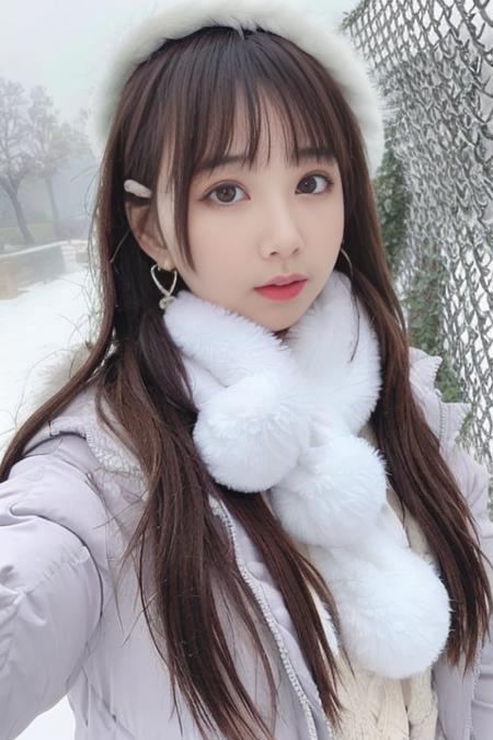 1girl, bare_tree, brown_eyes, brown_hair, building, coat, cross_earrings, earrings, fur, fur-trimmed_coat, fur_collar, fur_scarf, fur_trim, jewelry, lips, long_hair, looking_at_viewer, outdoors, snow, snowing, solo, tree, upper_body, winter, winter_clothes, detailed_eyes