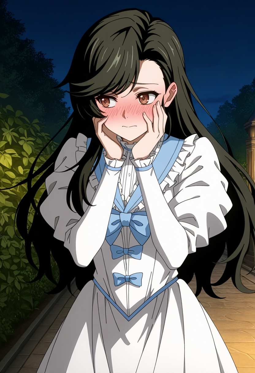 A young woman with brown eyes, long dark brown hair, and a flustered expression with a heavy blush on a pathway at night, cupping her cheeks with both hands while averting eye contact with the viewer. She is wearing a white, long-sleeved dress with a high ruffled collar and puffy shoulders, which is adorned with multiple light blue bows and ribbons. The background is a garden at night, showing a stone path, dark green bushes, and a stone pillar under a dark blue sky.
