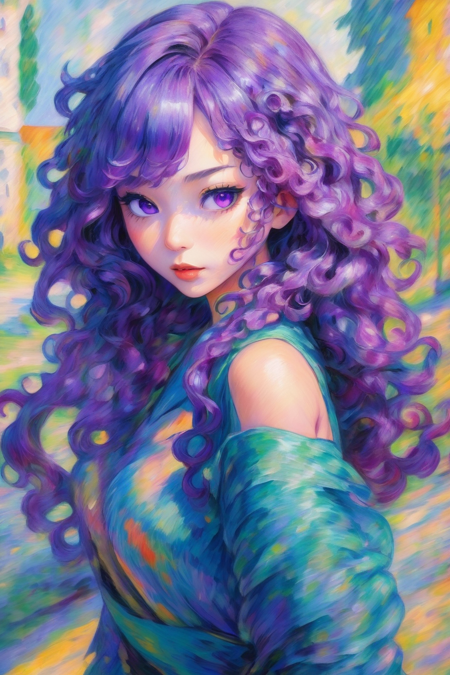 modern digital impressionism, oil painting, 1girl, woman, dark sorceress, (makeup:1), bombshell hair, purple hair, curly hair, long hair, average figure, (asian:1.3)<lora:EnvyImpressionismXL01:1>