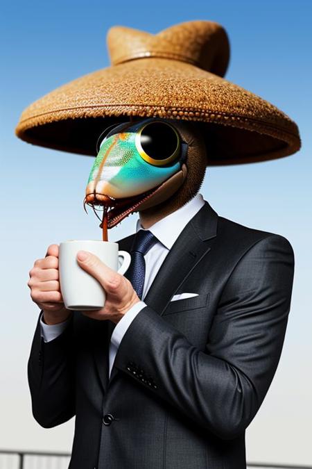 Absurd photoshop montage, a giant fly wearing a hat and suit drinking coffee