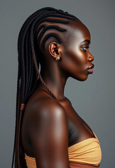 side view, profiel view, very close up shot of a female african warrior, extremely beautiful, long thin braids over her shoulders and breast, neutral grey background, photography studio style