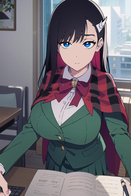 noelniihashi, <lora:noelniihashianimetest:1>,
noel niihashi long hair, blue eyes, black hair, hair ornament, hairclip, (large breast:1.2),
BREAK skirt, shirt, long sleeves, bow, school uniform, jacket, white shirt, pleated skirt, collared shirt, bowtie, red bow, plaid, capelet, blazer, green skirt, green jacket,
BREAK looking at viewer,
BREAK indoors, classroom,
BREAK <lora:GoodHands-vanilla:1>, (masterpiece:1.2), best quality, high resolution, unity 8k wallpaper, (illustration:0.8), (beautiful detailed eyes:1.6), extremely detailed face, perfect lighting, extremely detailed CG, (perfect hands, perfect anatomy),